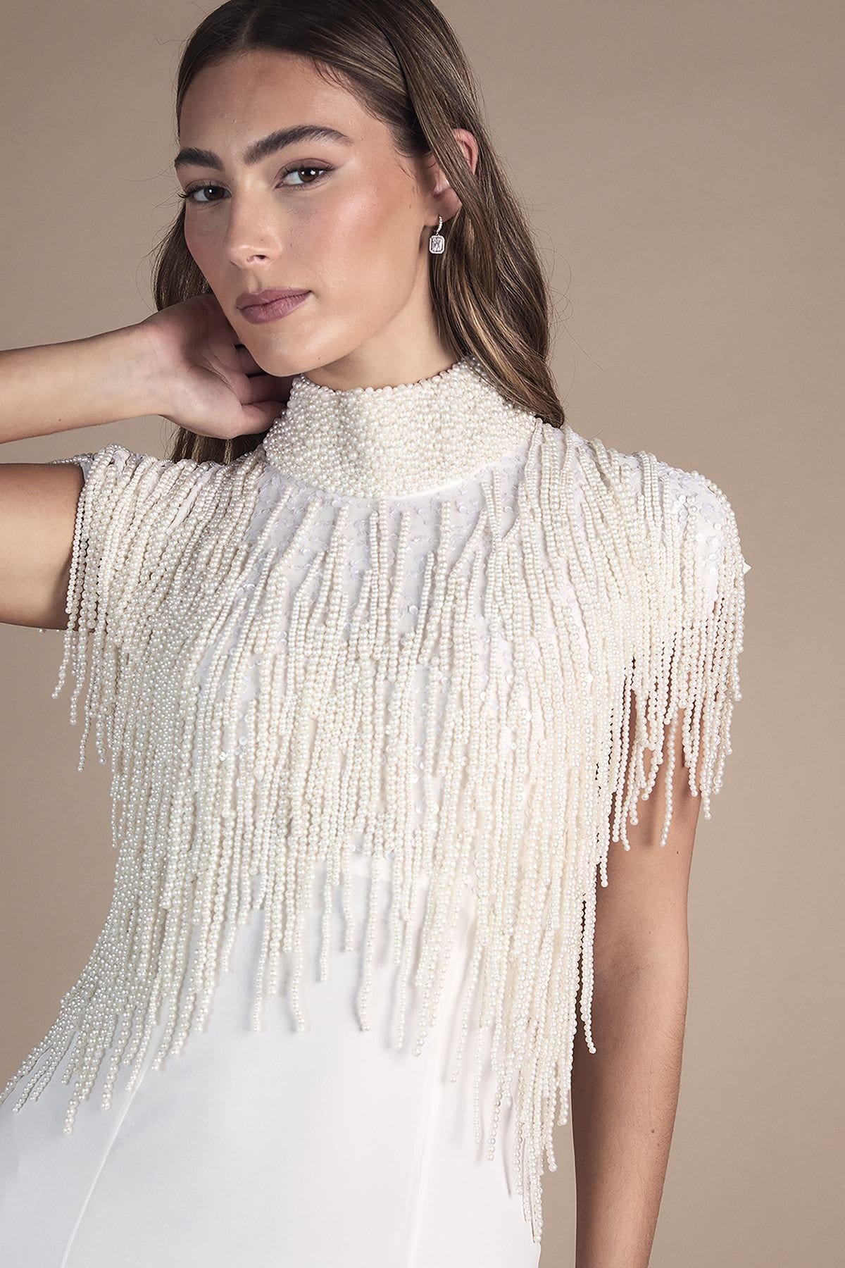 Coast Coast Women's Pearl Fringed High Neck Embellished Wedding Dress in Ivory - 4