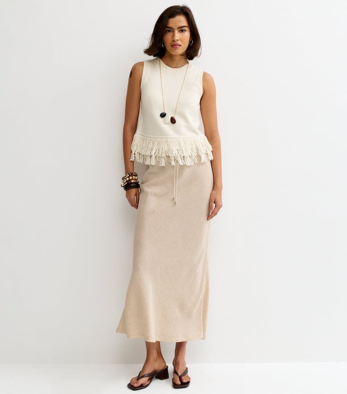 New Look Women's Stone Linen Look Bias Cut Midi Skirt New Look
