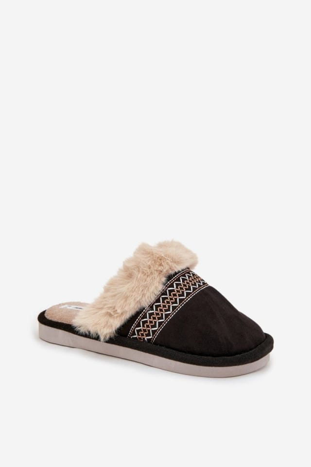 Love Lace Love Lace Women's Cozy Soft Fabric Slippers with Faux Fur & Embroidery Detail in Black - 2