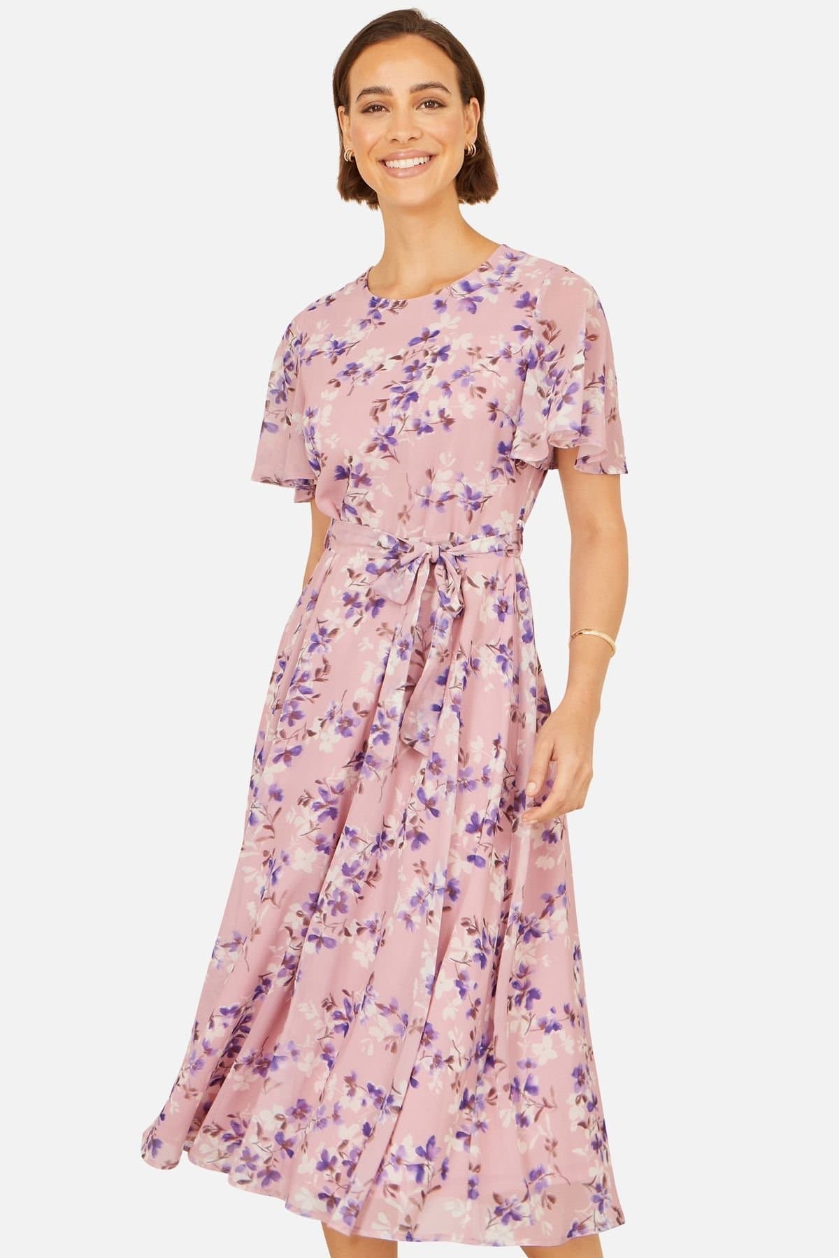 Yumi Yumi Women's Blossom Skater Midi Dress With Angel Sleeves in Dusty Pink