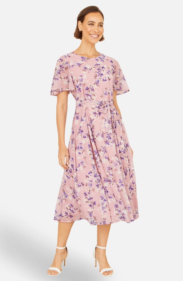 Yumi Yumi Women's Blossom Skater Midi Dress With Angel Sleeves in Dusty Pink - 2