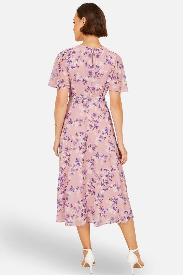 Yumi Yumi Women's Blossom Skater Midi Dress With Angel Sleeves in Dusty Pink - 3