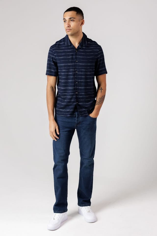 French Connection French Connection Men's Horizontal Stripe Print Short Sleeve Shirt in Navy - 3