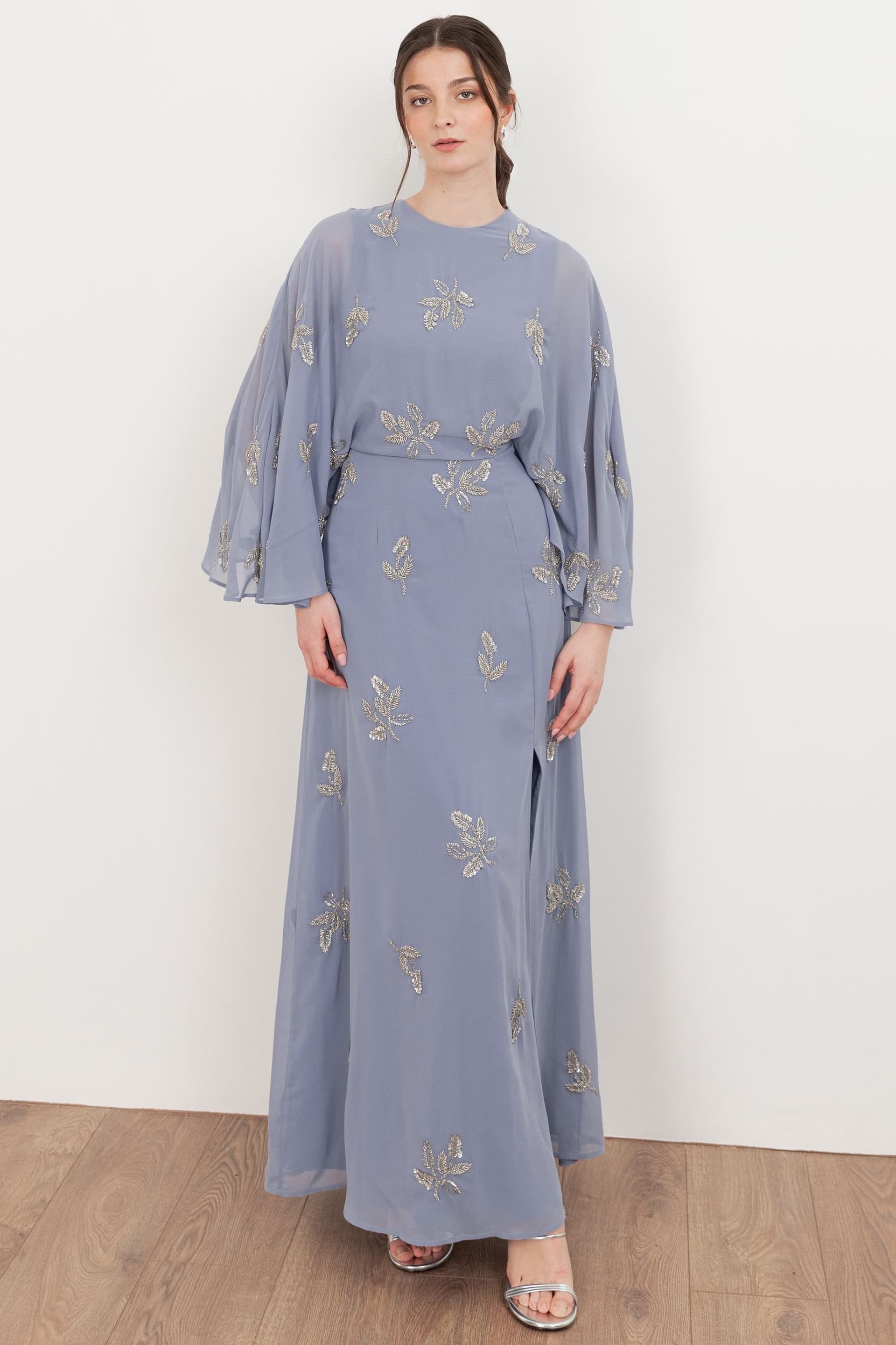 Maya Deluxe Maya Deluxe Women's Floral Embellished Cape Sleeve Maxi Dress in Blue