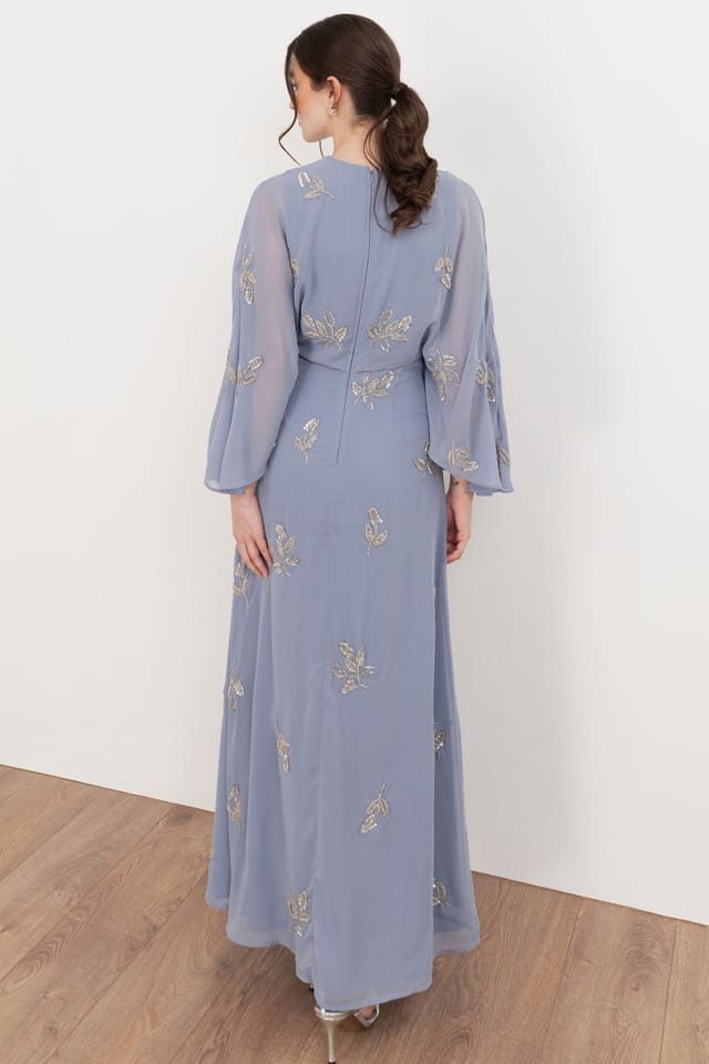 Maya Deluxe Maya Deluxe Women's Floral Embellished Cape Sleeve Maxi Dress in Blue - 2