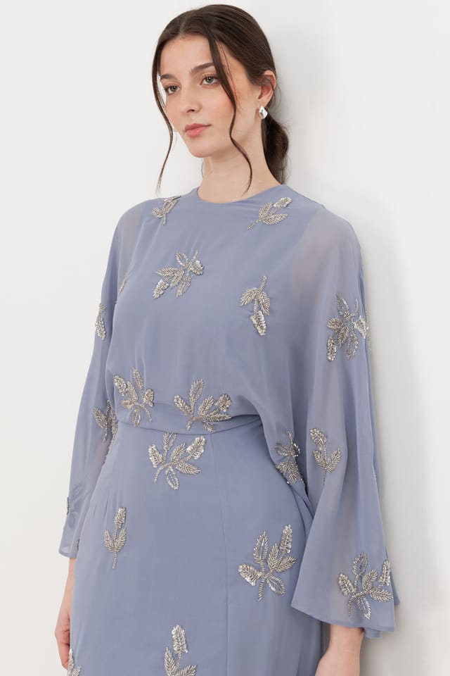 Maya Deluxe Maya Deluxe Women's Floral Embellished Cape Sleeve Maxi Dress in Blue - 3