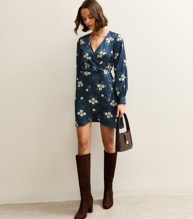 New Look Women's Blue Satin Floral Wrap Mini Dress New Look - 3