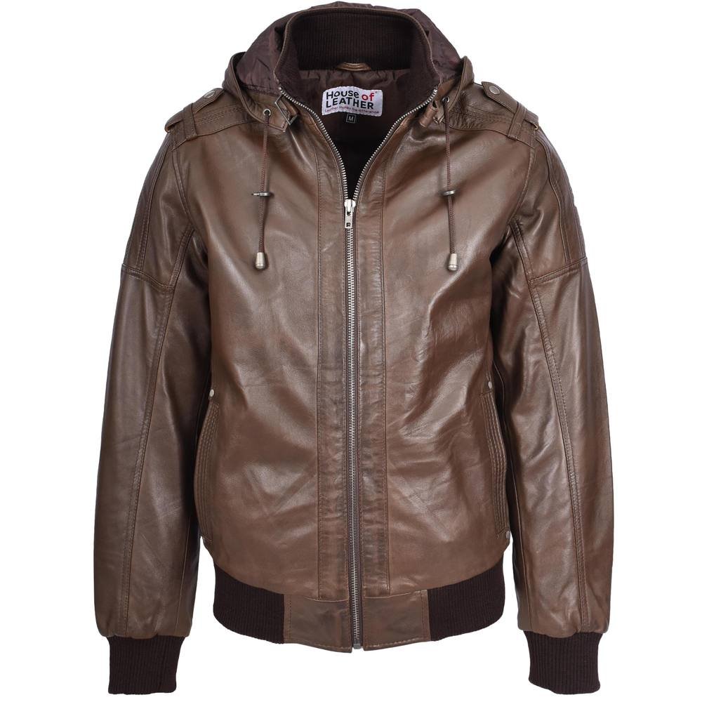 House of Leather House of Leather Men's Mens Real Leather Bomber Jacket Removable Hood Reggie in Brown - 3