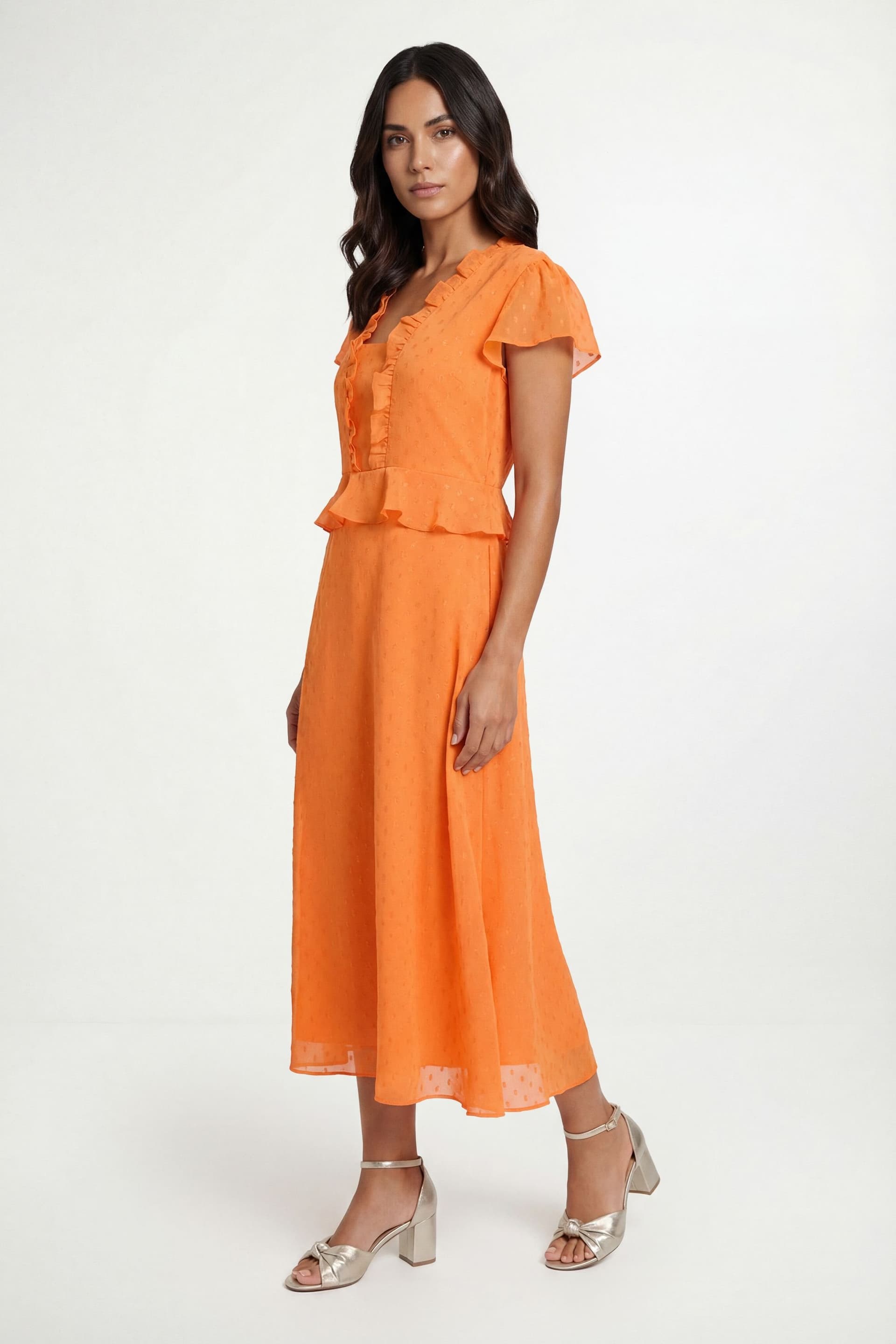 Wallis Wallis Women's Metallic Polka Dot Ruffle Midi Dress in Orange