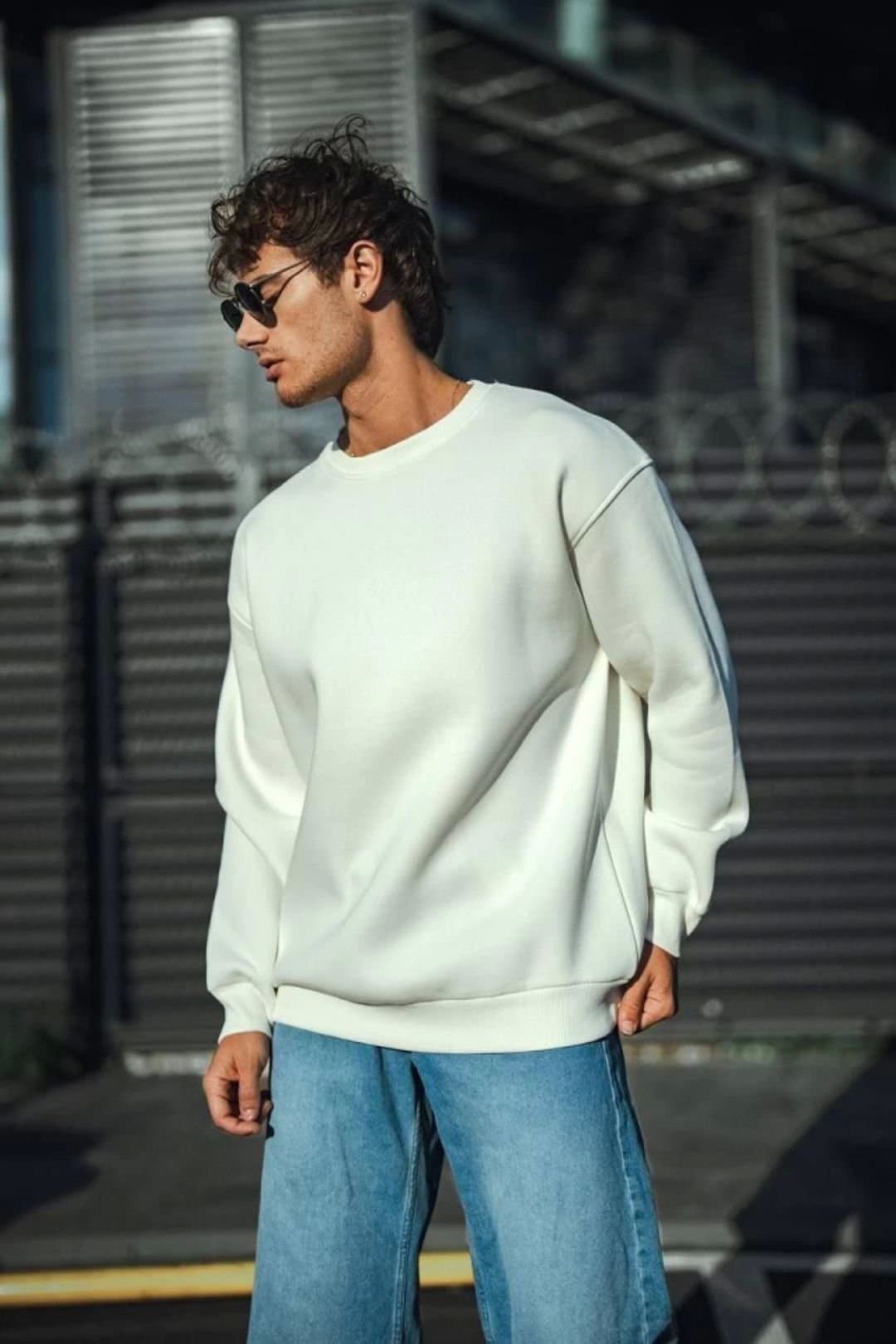 Janes Janes Men's Basic Crew Neck Sweatshirt in White