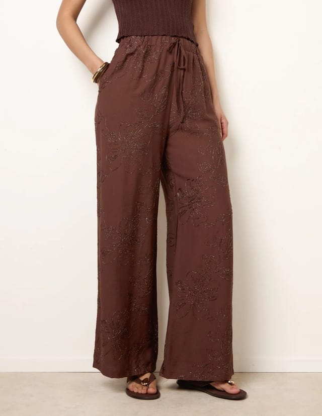 Blue Vanilla Embroidered Pattern Wide-Leg Trousers - 2
