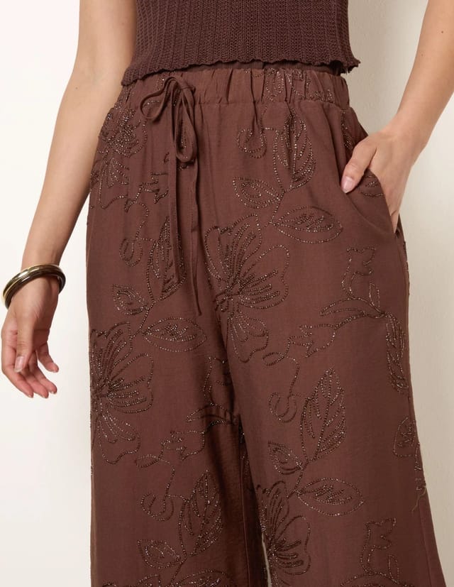 Blue Vanilla Embroidered Pattern Wide-Leg Trousers - 3
