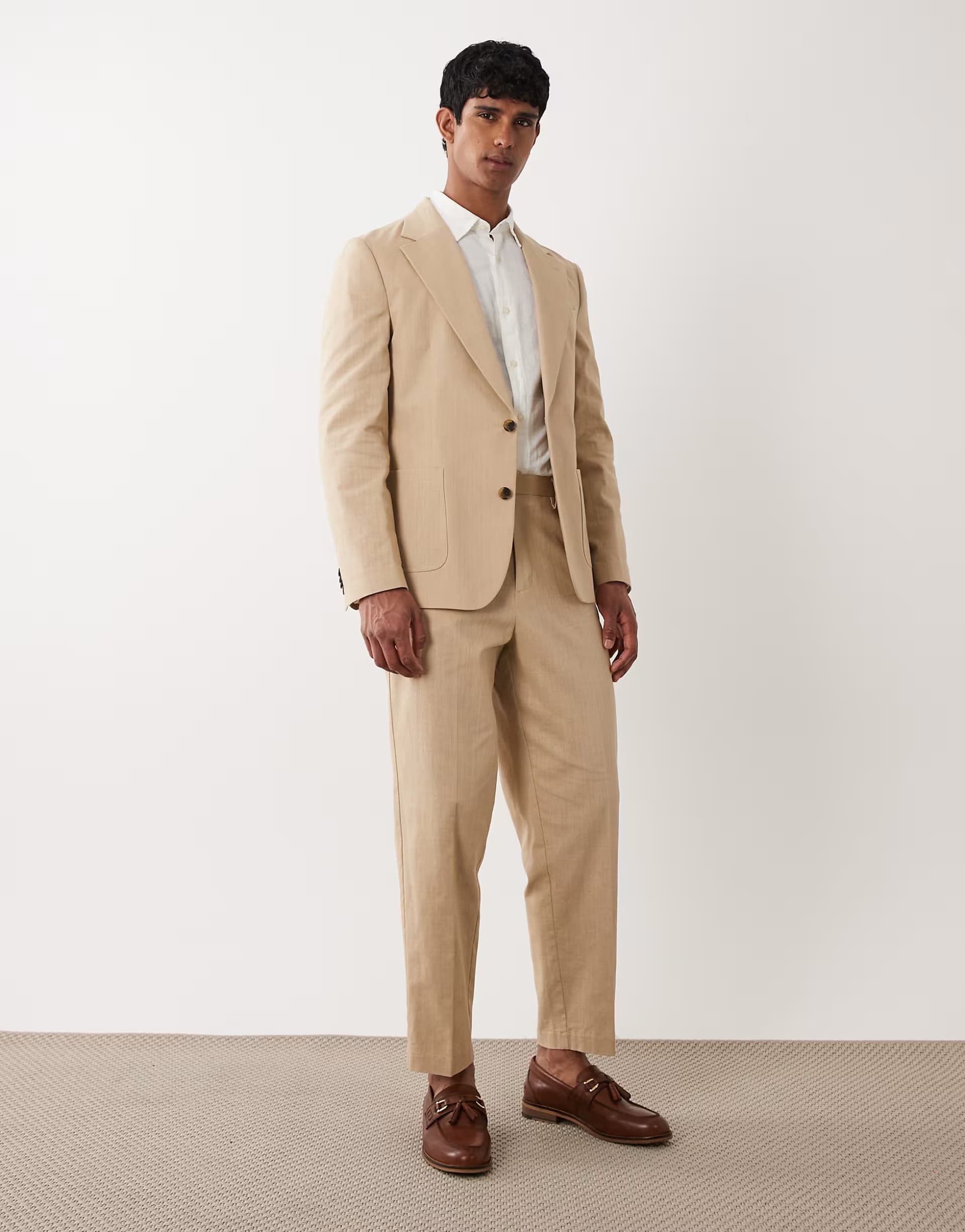 ASOS ASOS DESIGN carrot fit suit trousers in stone slub texture