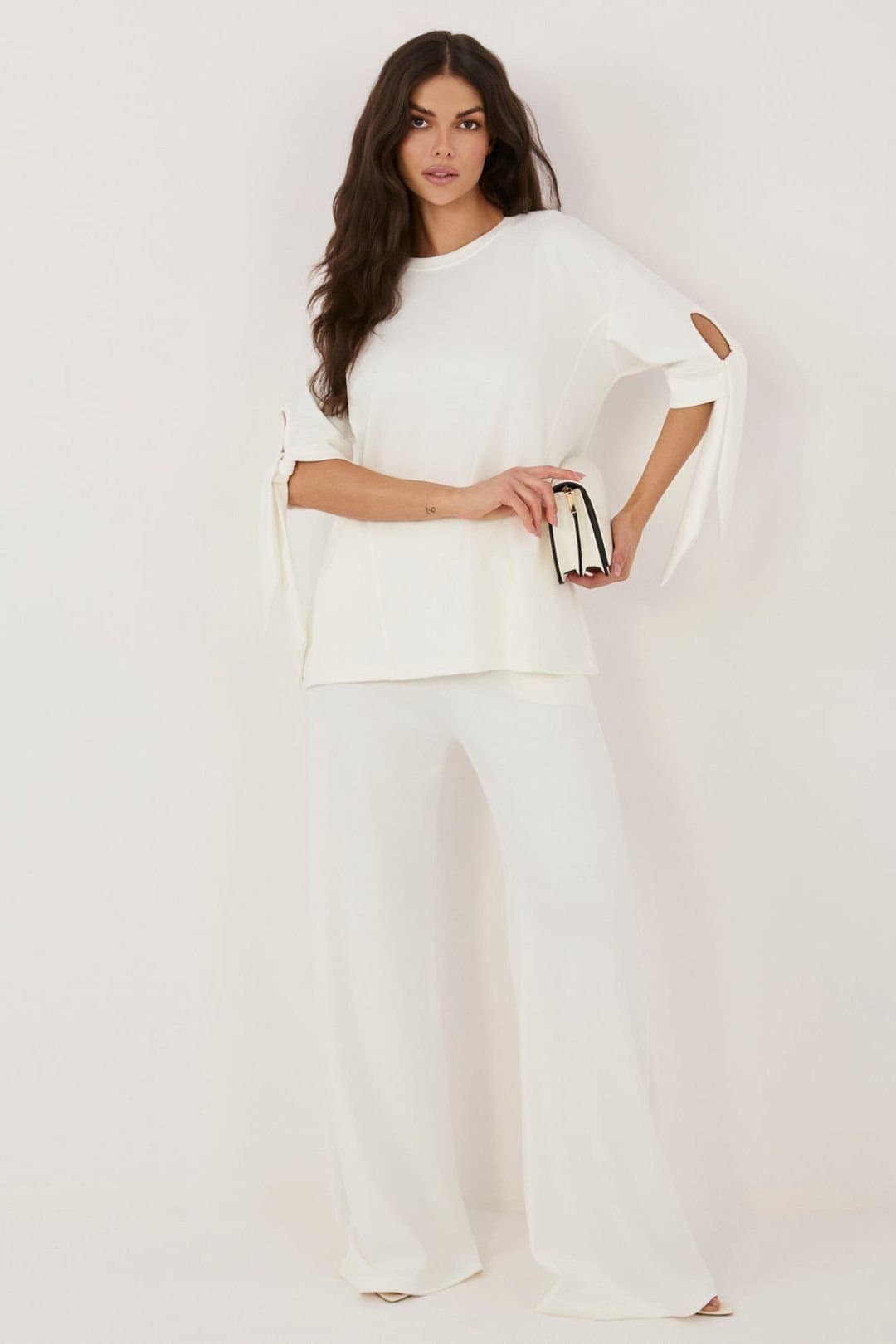 Love Lace Love Lace Women's Viscose Elastane Blouse & Wide Leg Trouser Set Style 227027 in Off-White