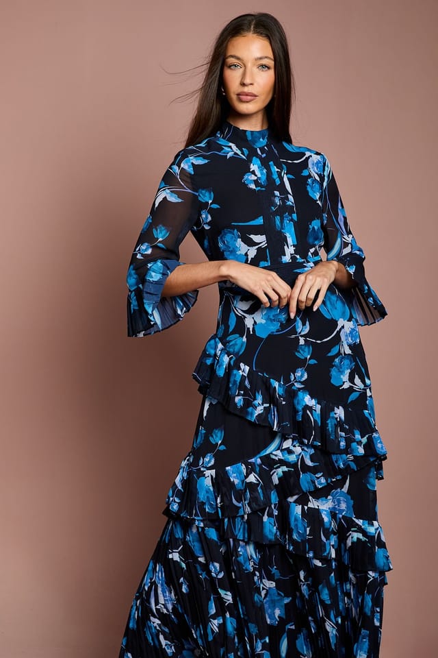 Coast Coast Women's Pleated Frill Chiffon Maxi Dress in Navy - 2