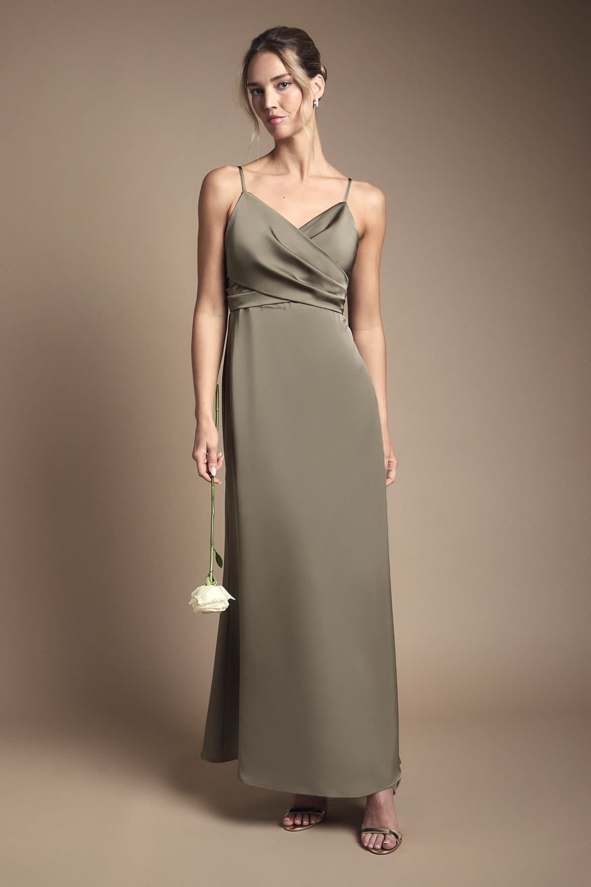 Coast Coast Women's Wrap Waist Satin Cami Bridesmaid Dress in Olive