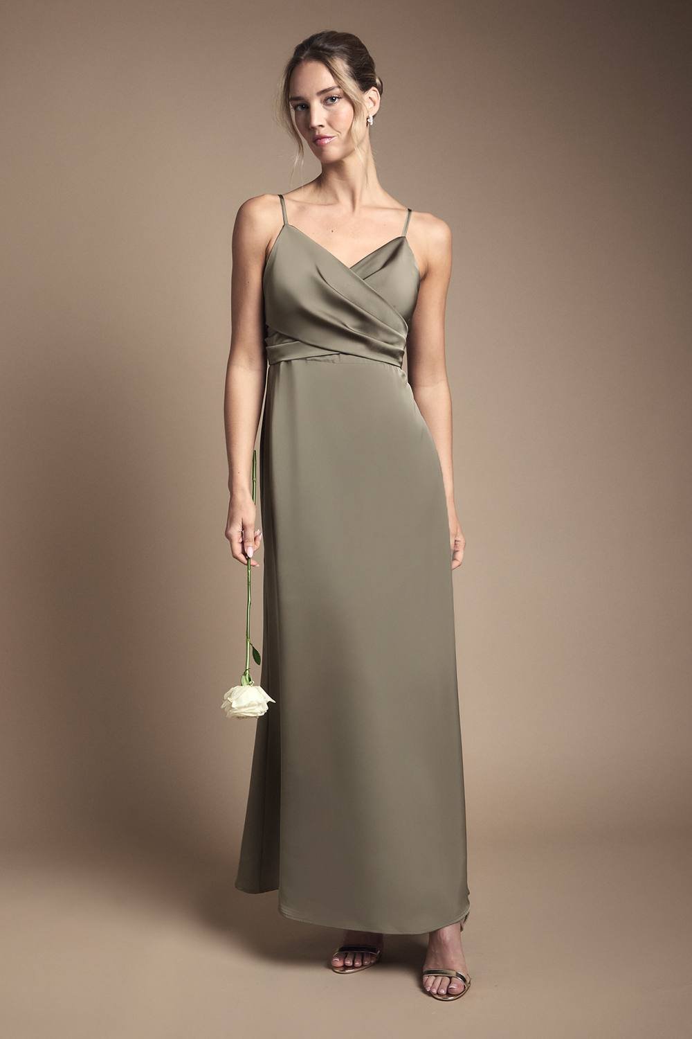 Coast Coast Women's Wrap Waist Satin Cami Bridesmaid Dress in Olive - 2