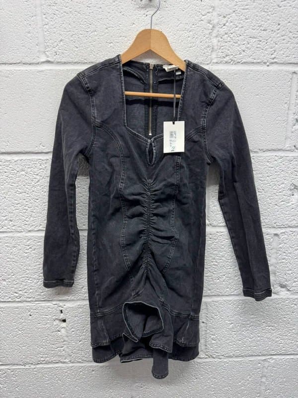 River Island River Island Black Wash Denim Ruched Front Frill Dress  UK 10 New