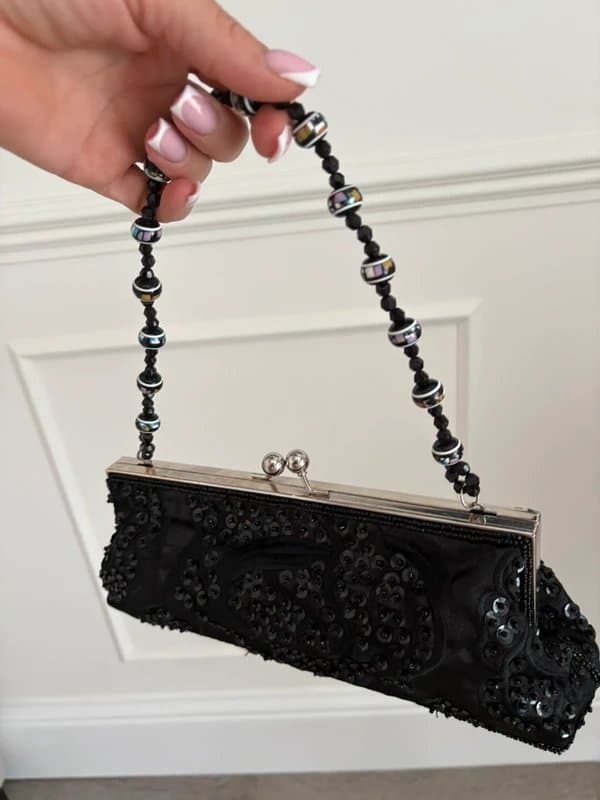 Vintage Dressing Y2K Black Beaded Sequin Clutch Bag | Vintage 2000s Evening Bag Embellished Handbag Coquette Glam