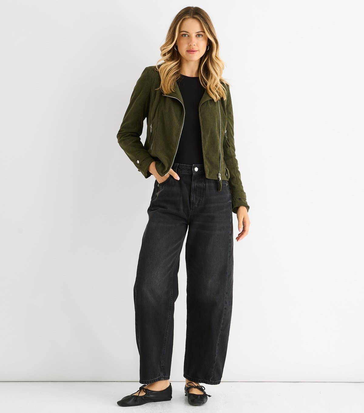 Gini London Women's Khaki Corduroy Biker Jacket Gini London New Look