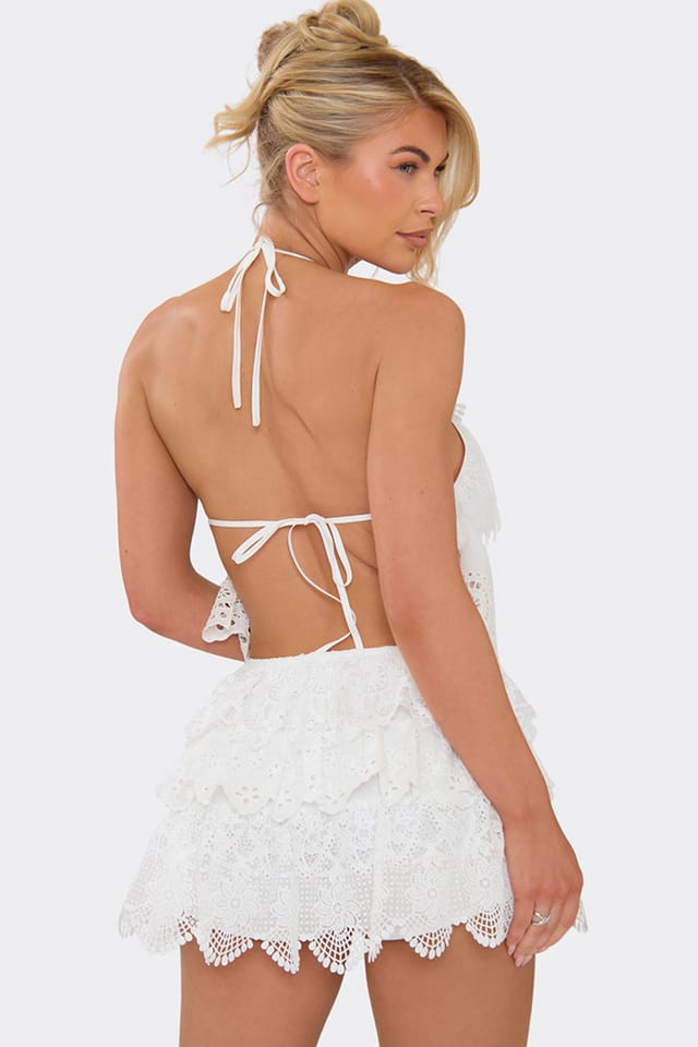 EGO EGO Women's Wide Leg Sleeveless Tie Halter Neck Tiered Floral Textured Playsuit in White - 2