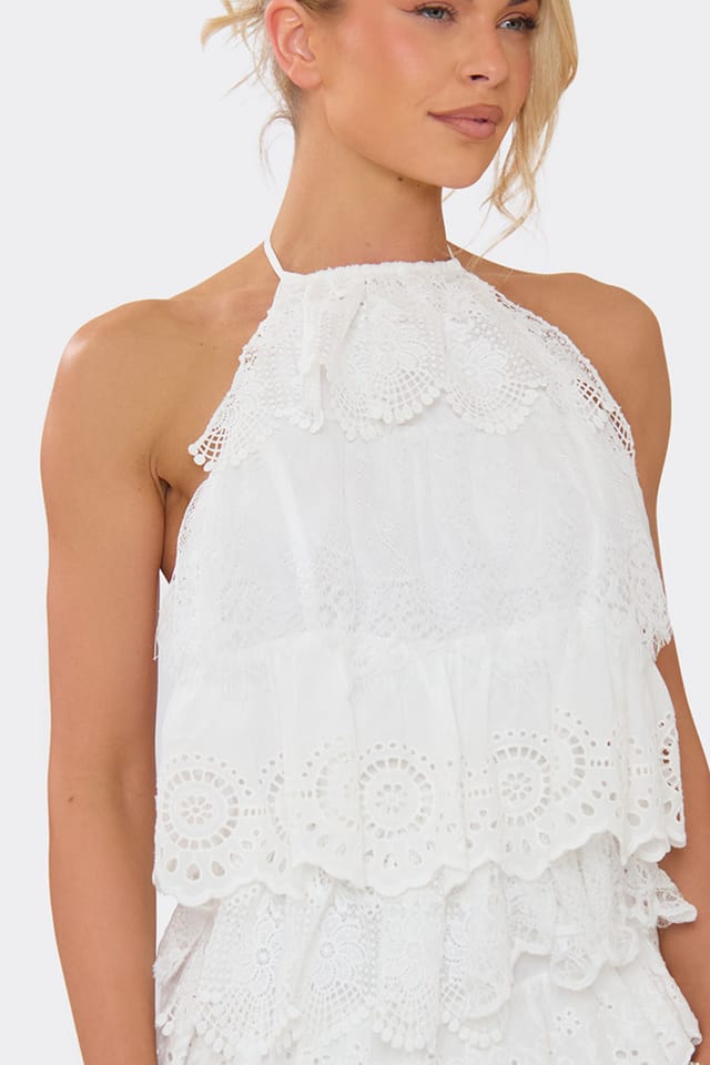 EGO EGO Women's Wide Leg Sleeveless Tie Halter Neck Tiered Floral Textured Playsuit in White - 3