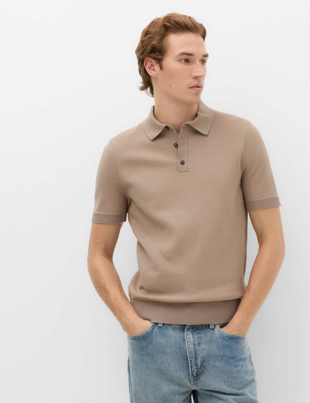 Marks & Spencer M&S Cotton Rich Regular Fit Knitted Polo Shirt Mushroom