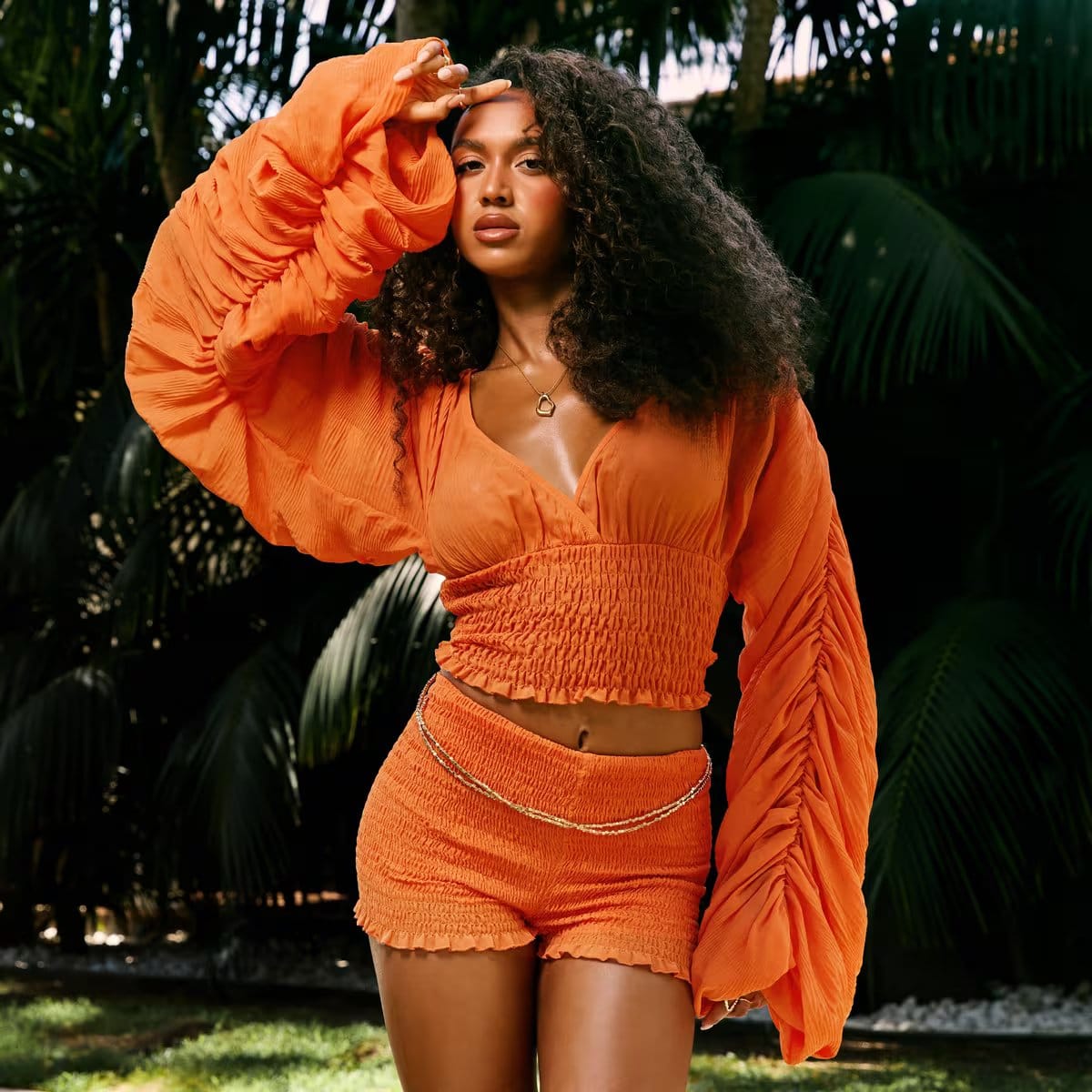 EGO Orange V-Neck Ruched Long Sleeve Top