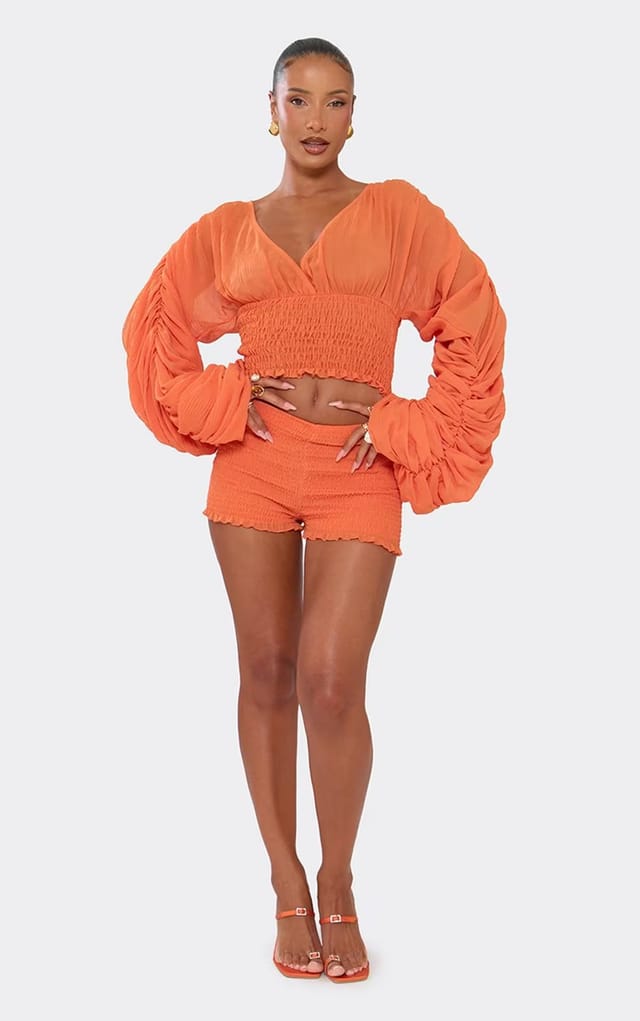 EGO V Neck Extreme Ruched Long Sleeve Shirred Waist Top In Orange, Women's Size UK 6 - 2