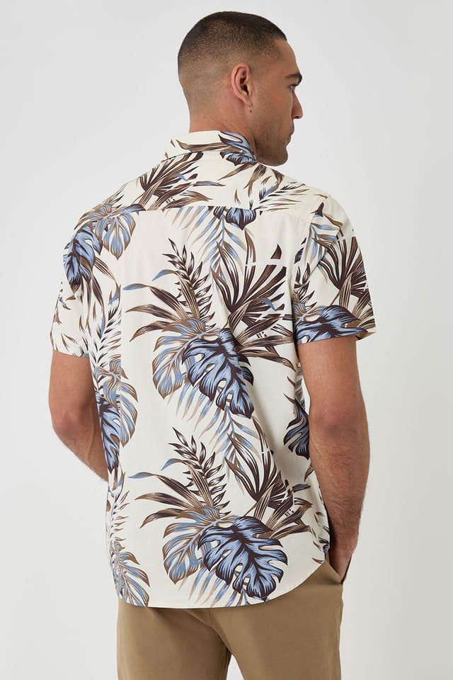 Threadbare Threadbare Men's Leaf Print Cotton Short Sleeve Shirt in Navy - 2