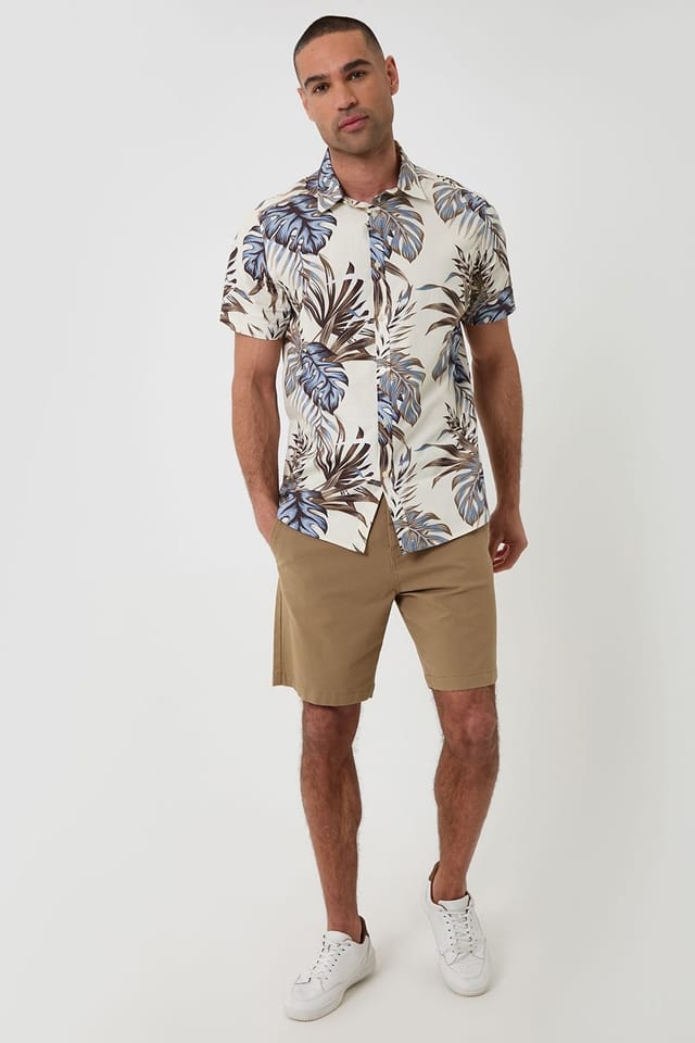 Threadbare Threadbare Men's Leaf Print Cotton Short Sleeve Shirt in Navy - 3