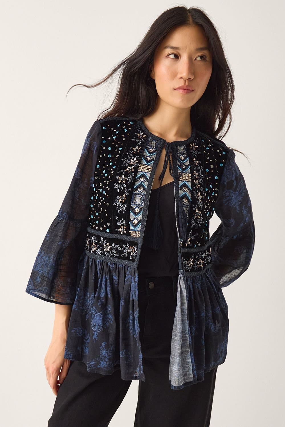 Monsoon Monsoon Women's Kelly Hand-Beaded Paisley Velvet Jacket Blue