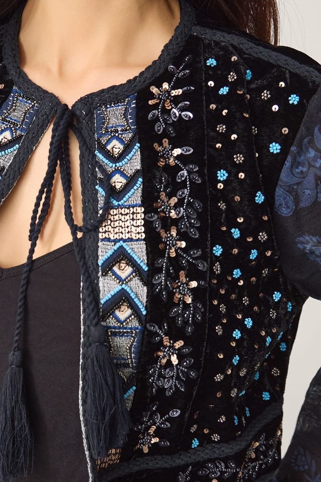 Monsoon Monsoon Women's Kelly Hand-Beaded Paisley Velvet Jacket Blue - 3