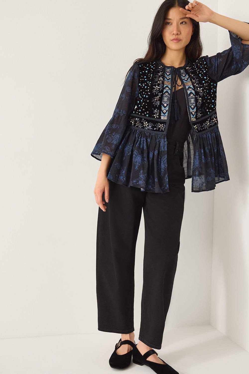 Monsoon Monsoon Women's Kelly Hand-Beaded Paisley Velvet Jacket Blue - 4