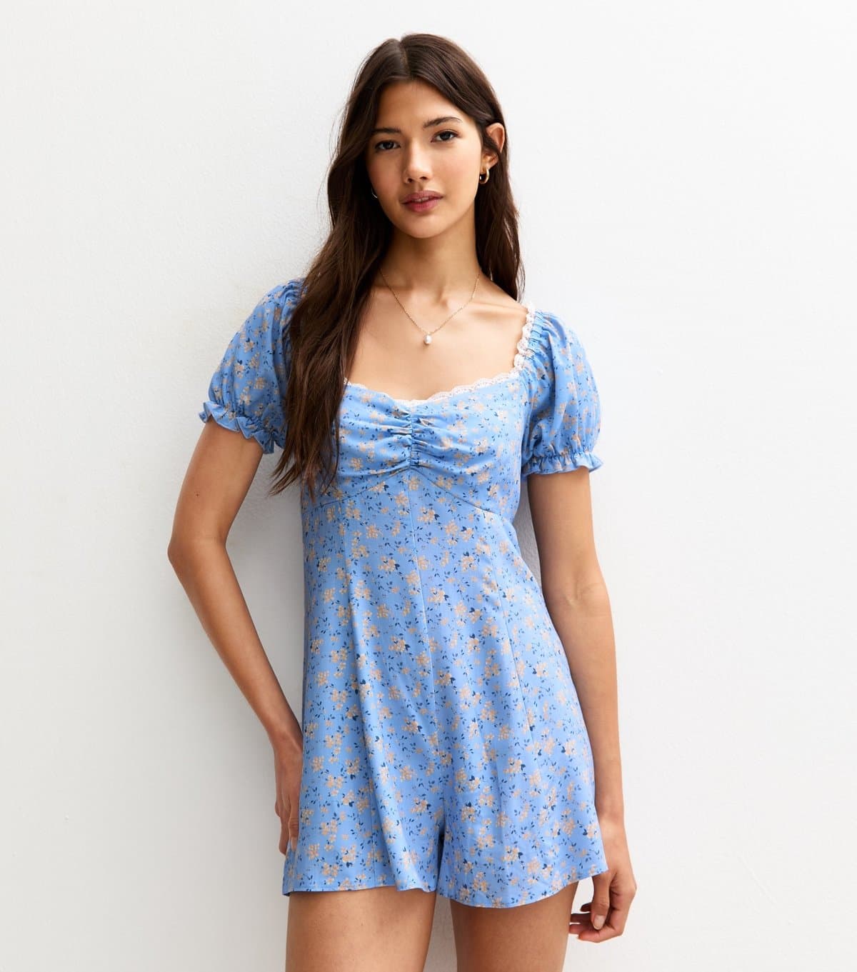 New Look Women's Blue Ditsy Print Lace Trim Playsuit New Look