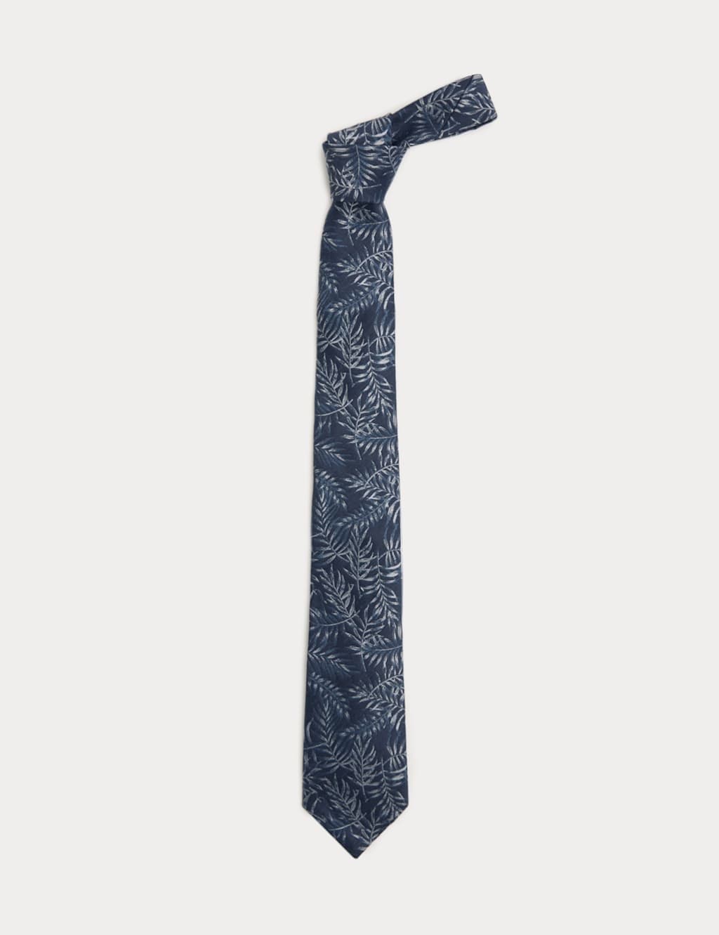 Marks & Spencer M&S Silk Linen Blend Printed Leaf Tie Indigo