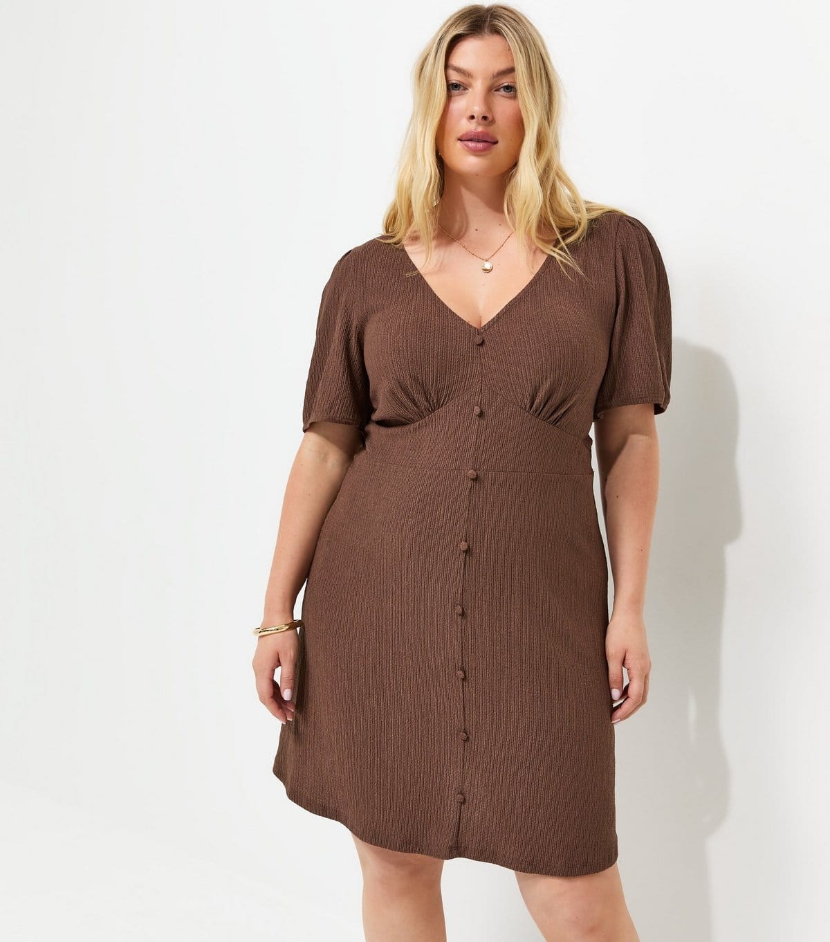 New Look Plus Size Dark Brown Textured V-Neck Mini Dress