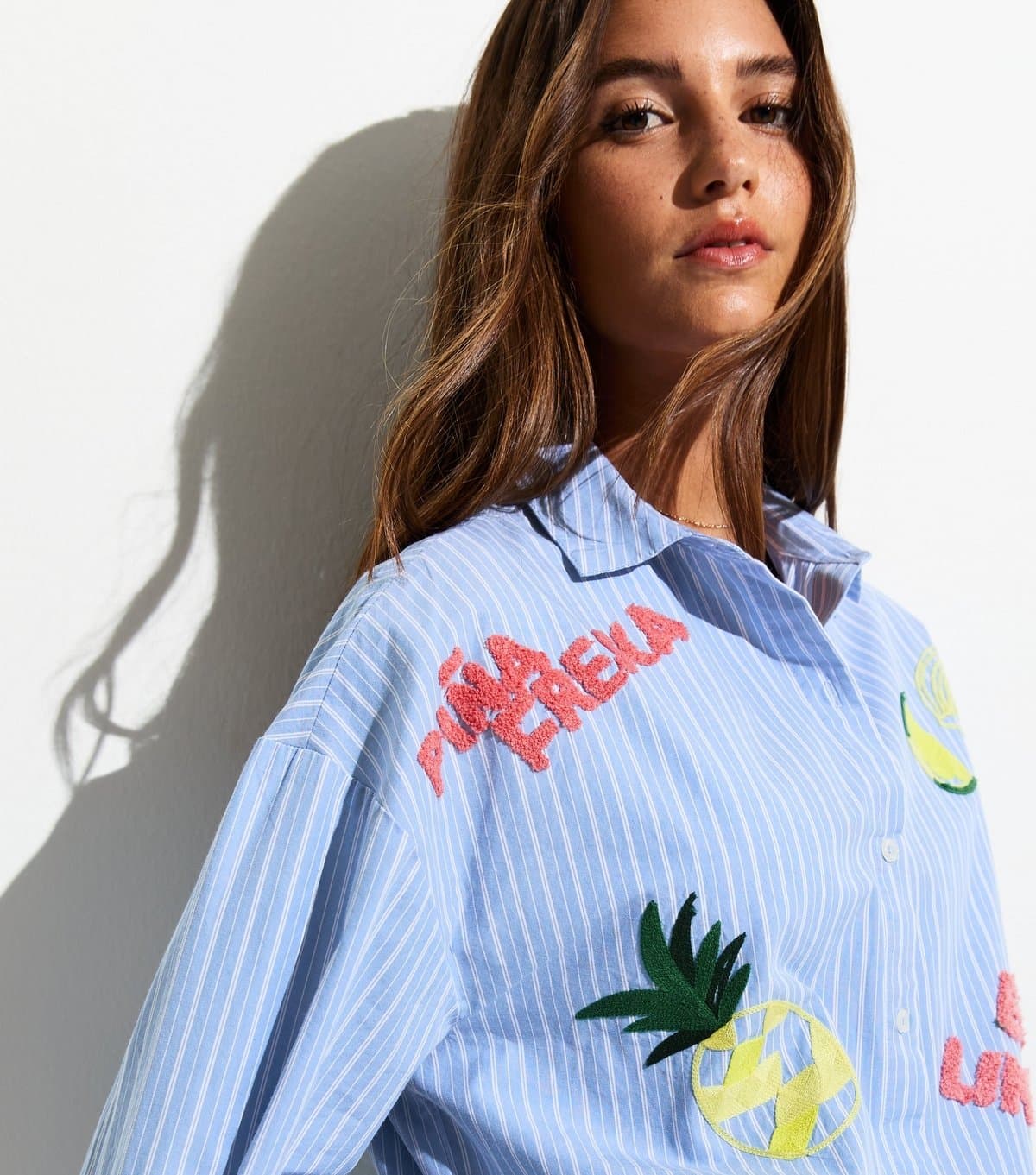 New Look Women's Blue Pina Fresca Stripe Embroidered Shirt New Look