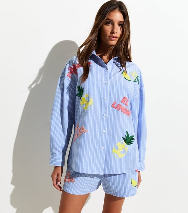 New Look Women's Blue Pina Fresca Stripe Embroidered Shirt New Look - 2