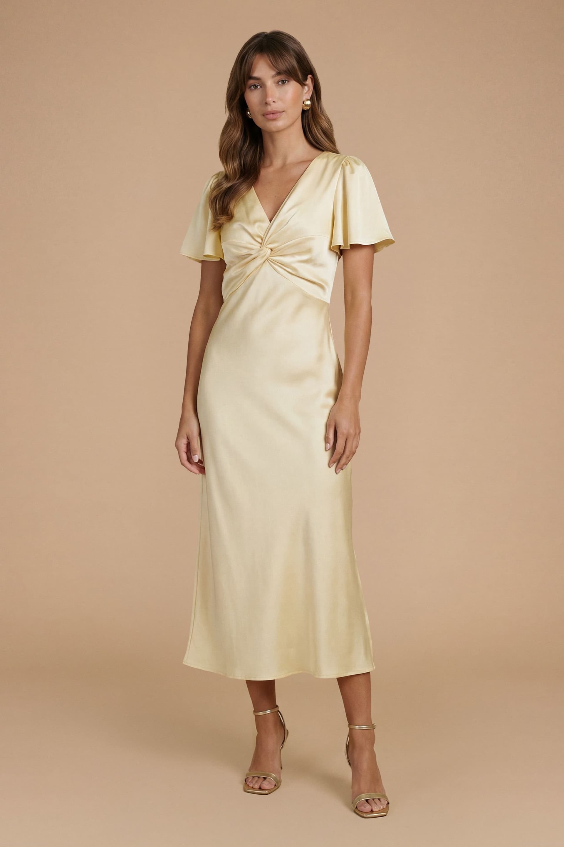 Oasis Oasis Women's Butter Yellow Satin Twist Front Angel Sleeve Midi Bridesmaid Dress