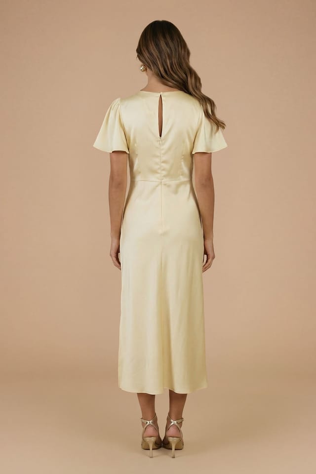 Oasis Oasis Women's Butter Yellow Satin Twist Front Angel Sleeve Midi Bridesmaid Dress - 3