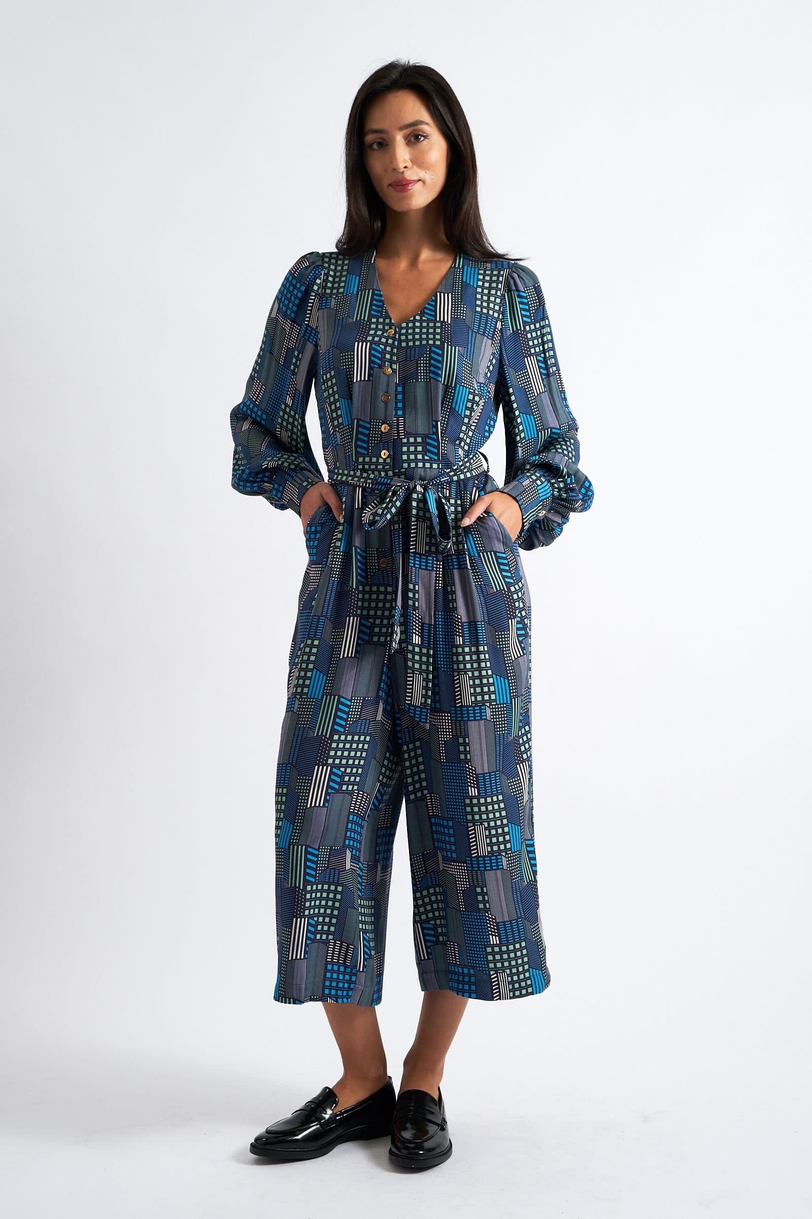 Louche Louche Women's Moski Geo City Print Jumpsuit in Blue