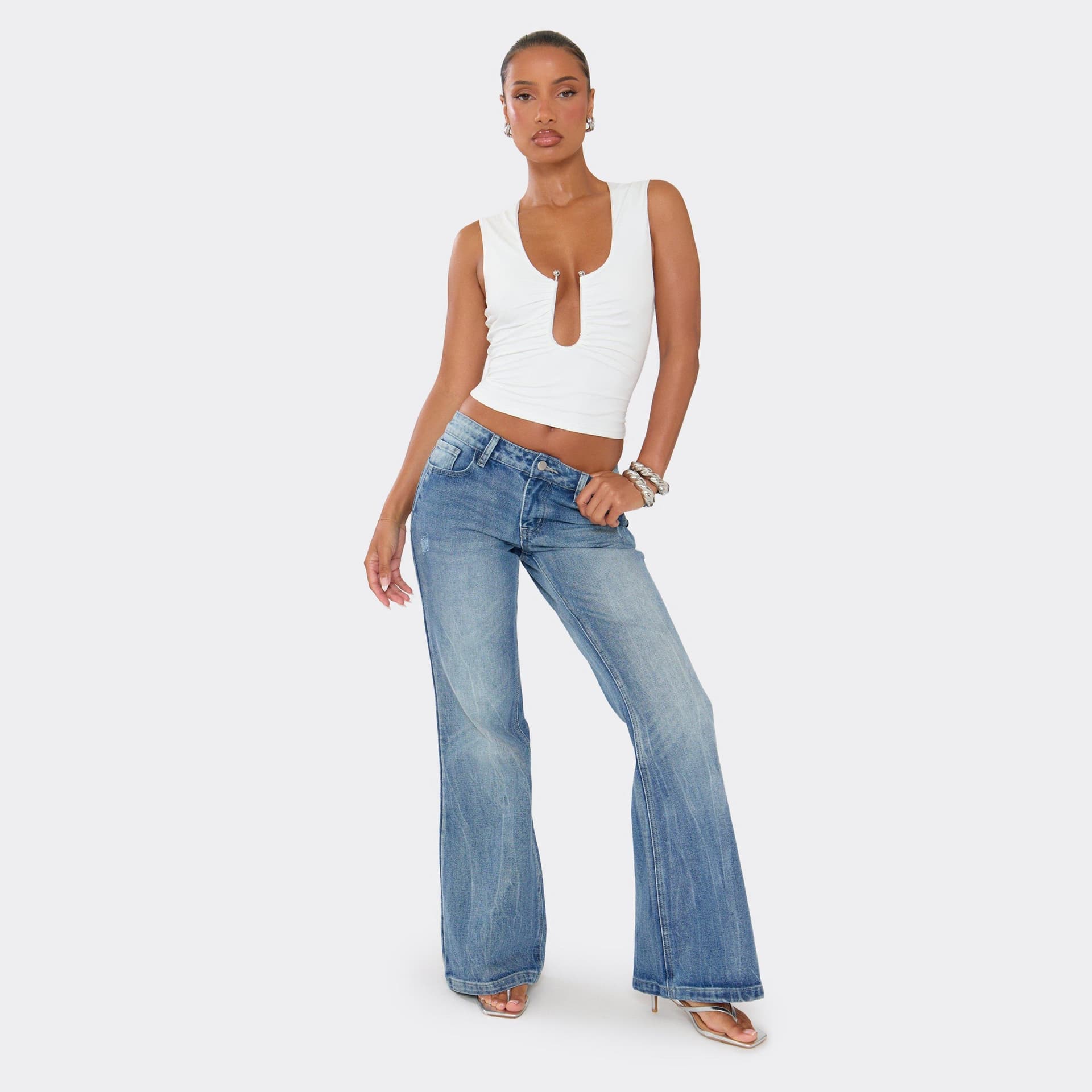 EGO Extreme Low Rise Flared Leg Jeans In Blue Denim, Women's Size UK 6