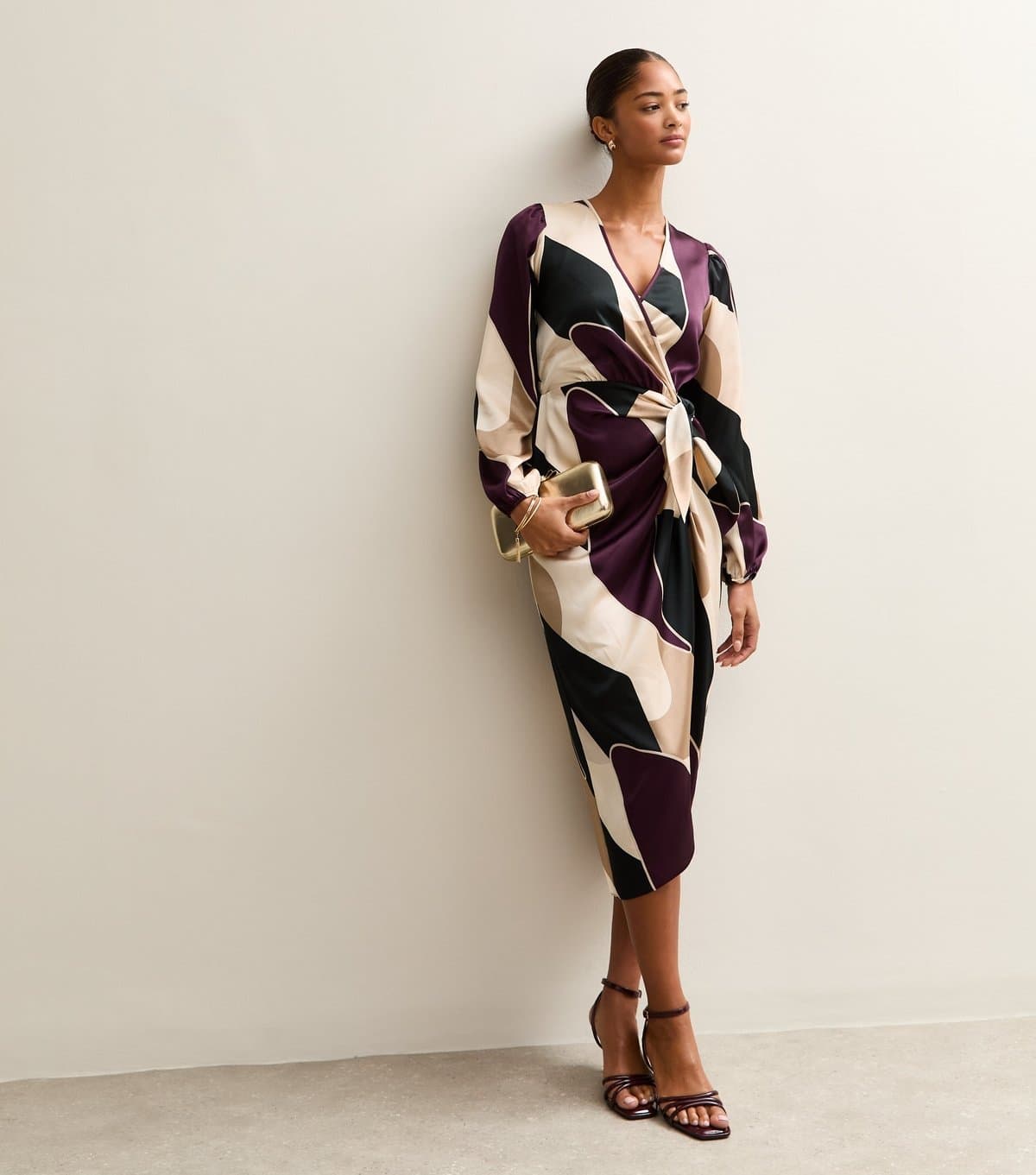 New Look Women's Purple Satin Patterned Wrap Midi Dress New Look