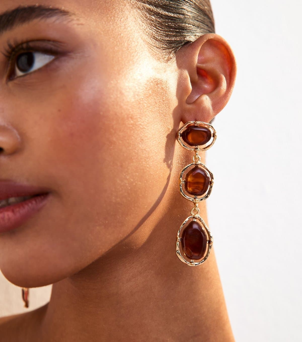 New Look Gold Tone Brown Resin Stone Triple Drop Earrings New Look