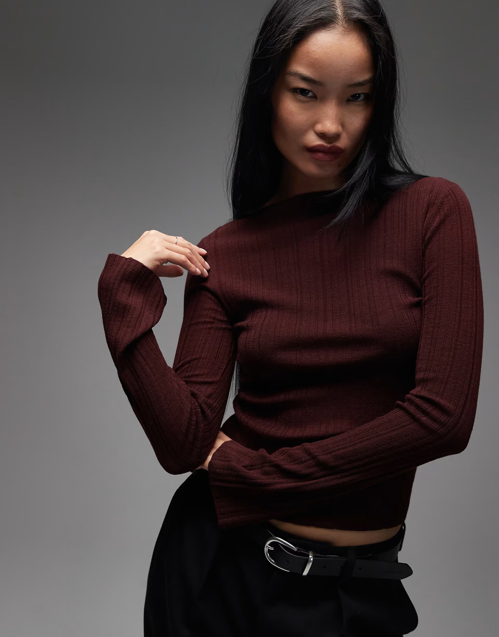 ASOS & Other Stories pure merino wool ribbed knitted top with flare sleeves in dark red