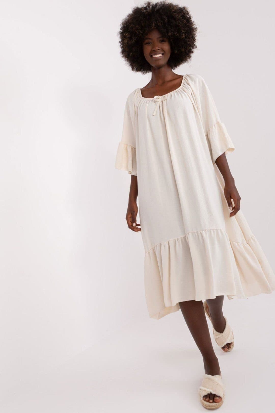 Love Lace Love Lace Women's Loose Fit Summer Dress with Frill Sleeves in Beige