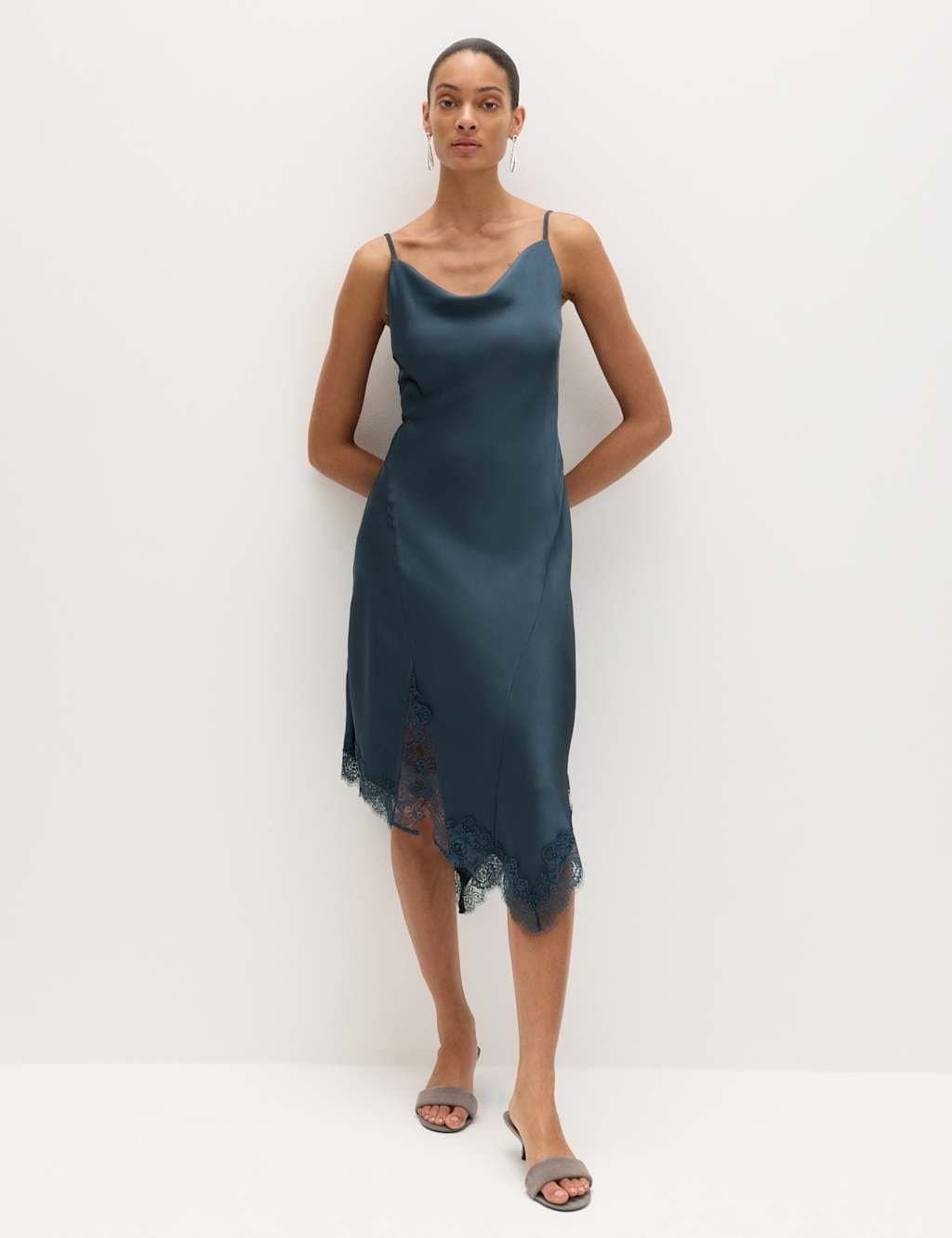 Marks & Spencer M&S Satin Cowl Neck Lace Trim Midi Slip Dress Dark Slate