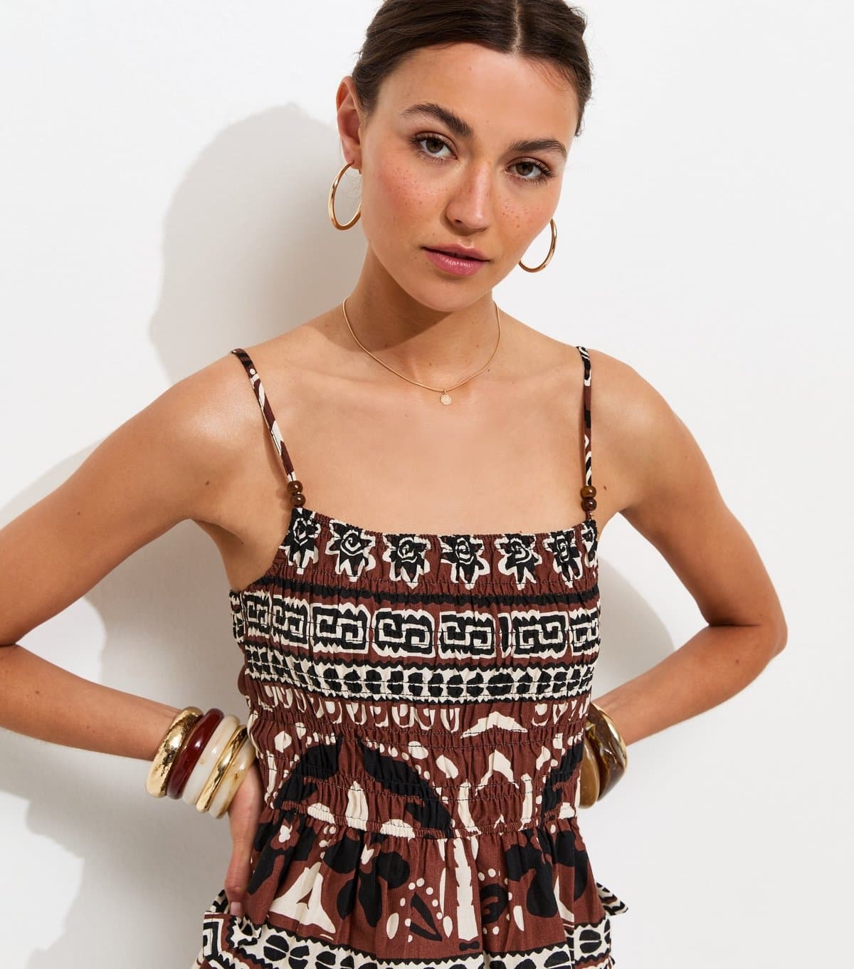 New Look Women's Brown Palm Tree Print Beaded Cami Top New Look