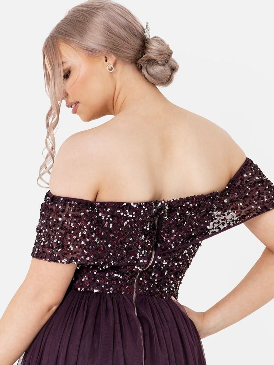 Maya Deluxe Maya Deluxe Women's Bardot Embellished Maxi Dress in Grape - 4